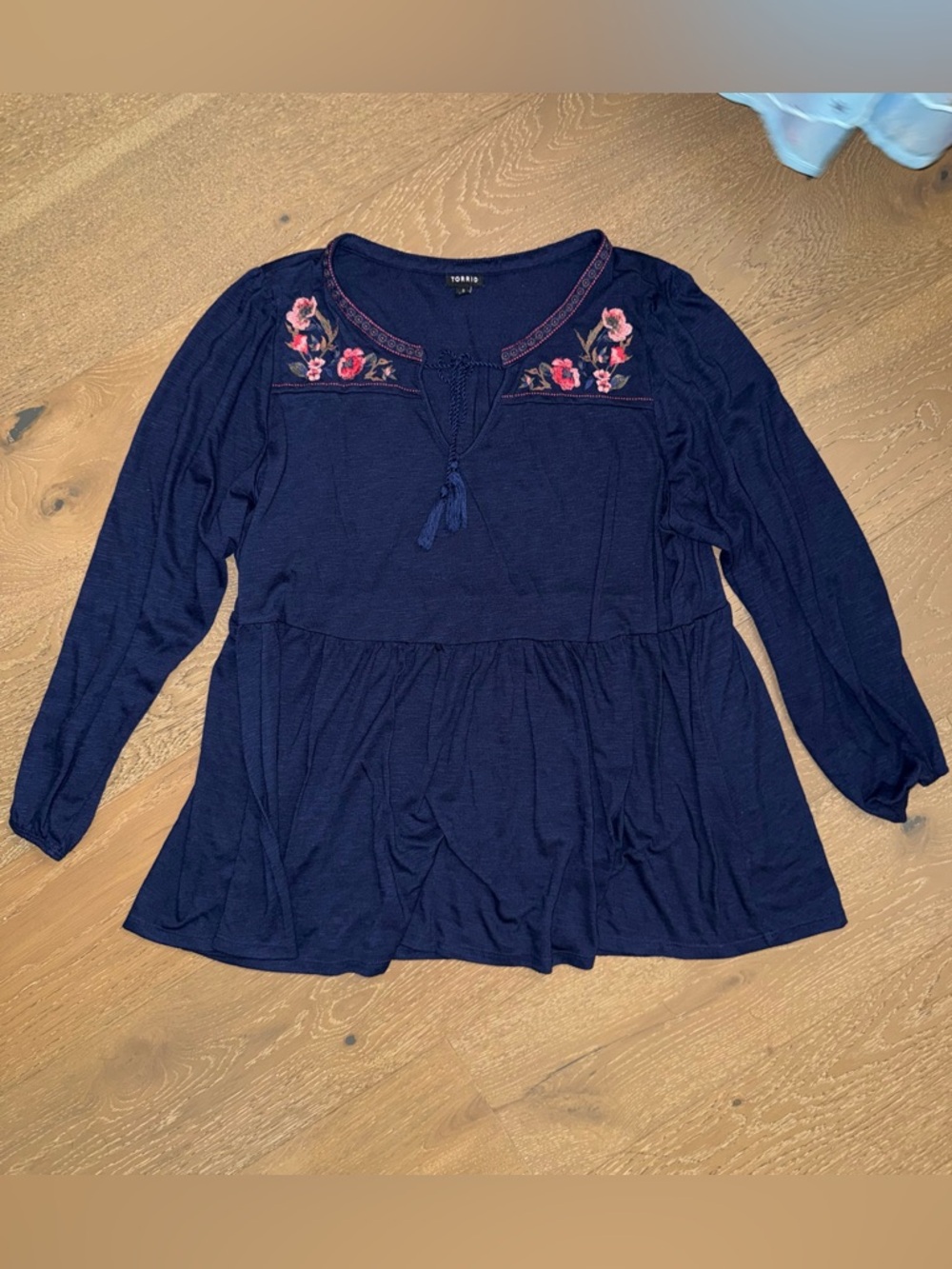 torrid Navy Long-Sleeve‎ Peasant Top with Pink Floral Embroidery